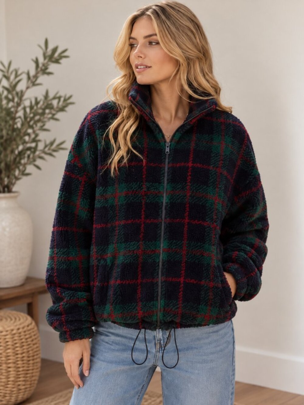 306. Women's Hunter Green Multi Plaid Zip Up Jacket